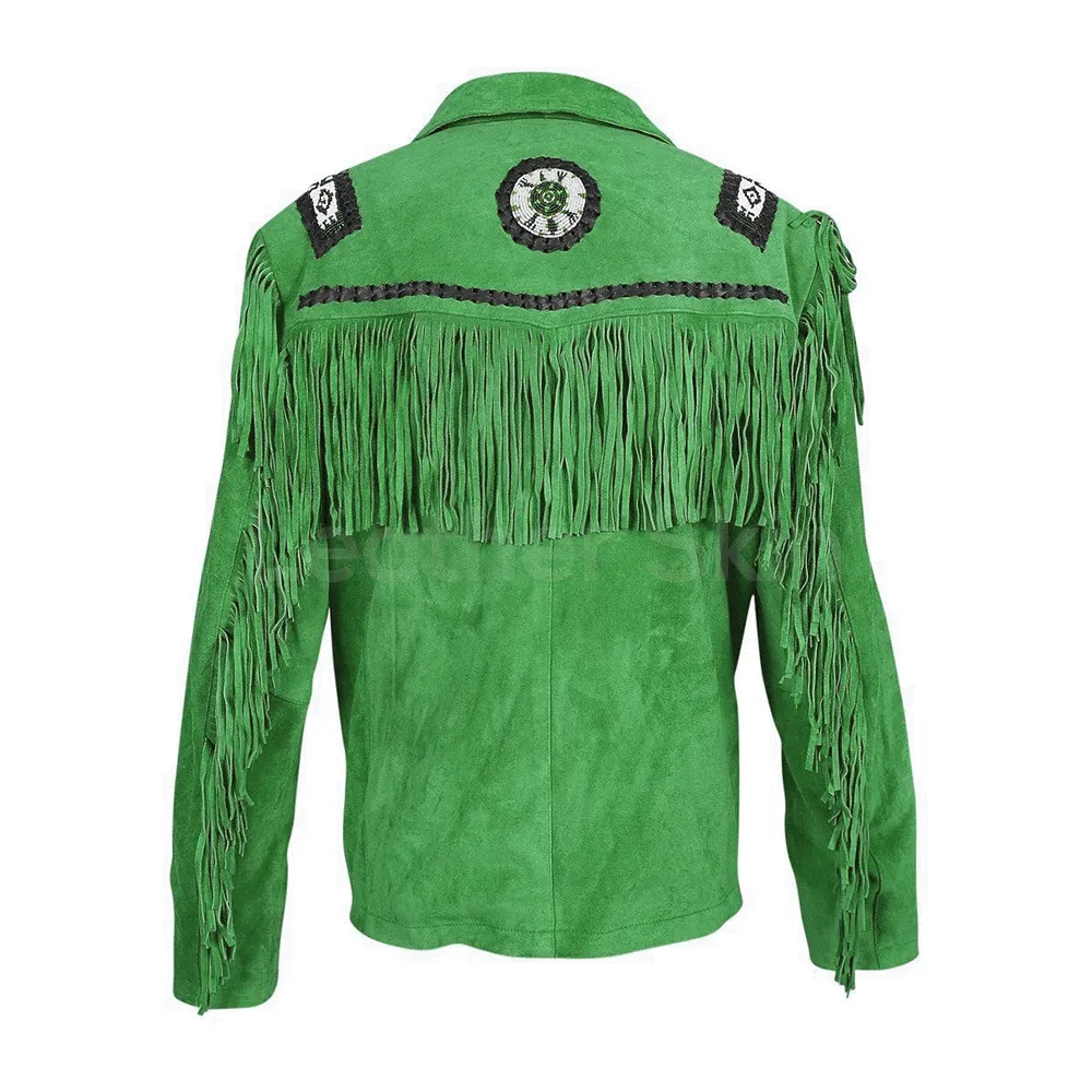 Western Green Suede Leather Fringe Beaded Jacket for Men MWJ625