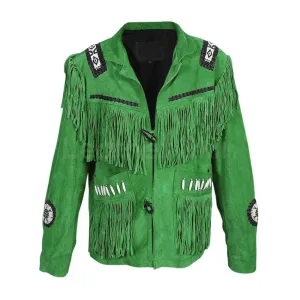 Western Green Suede Leather Fringe Beaded Jacket for Men MWJ625