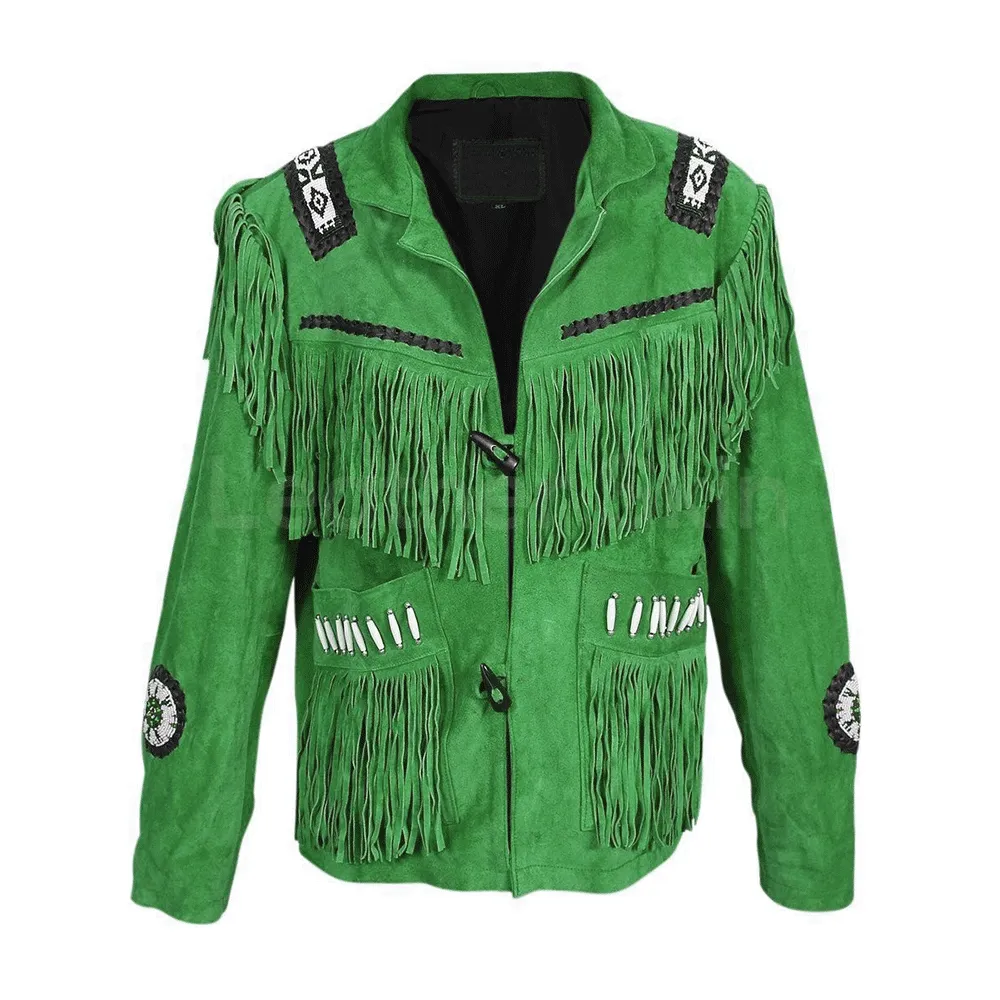 Western Green Suede Leather Fringe Beaded Jacket for Men MWJ625