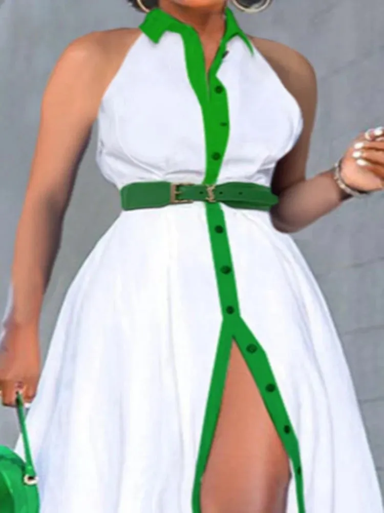 White & Green Sleeveless Buttoned Dress