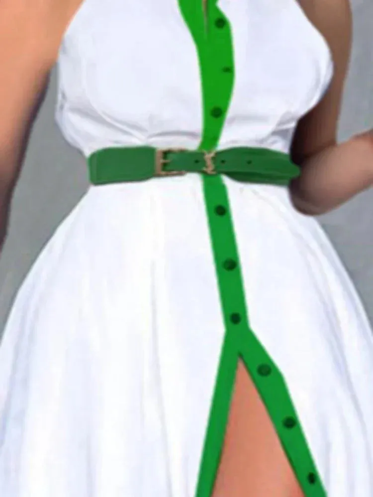 White & Green Sleeveless Buttoned Dress