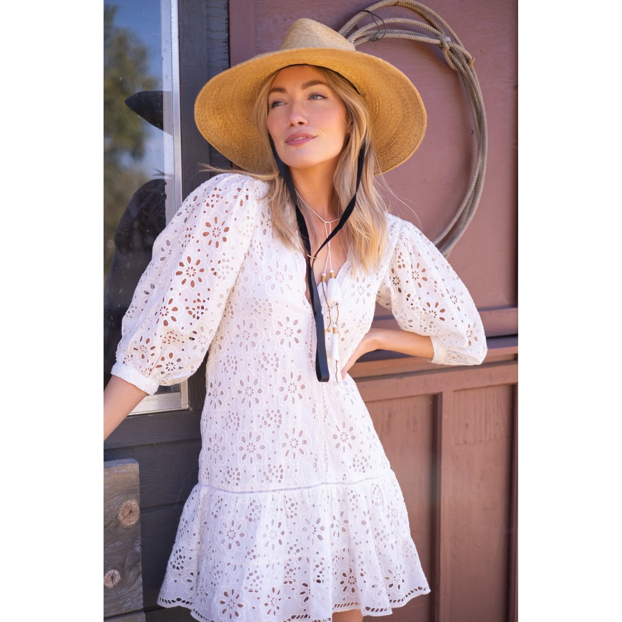 White Eyelet Popover Flounce Dress