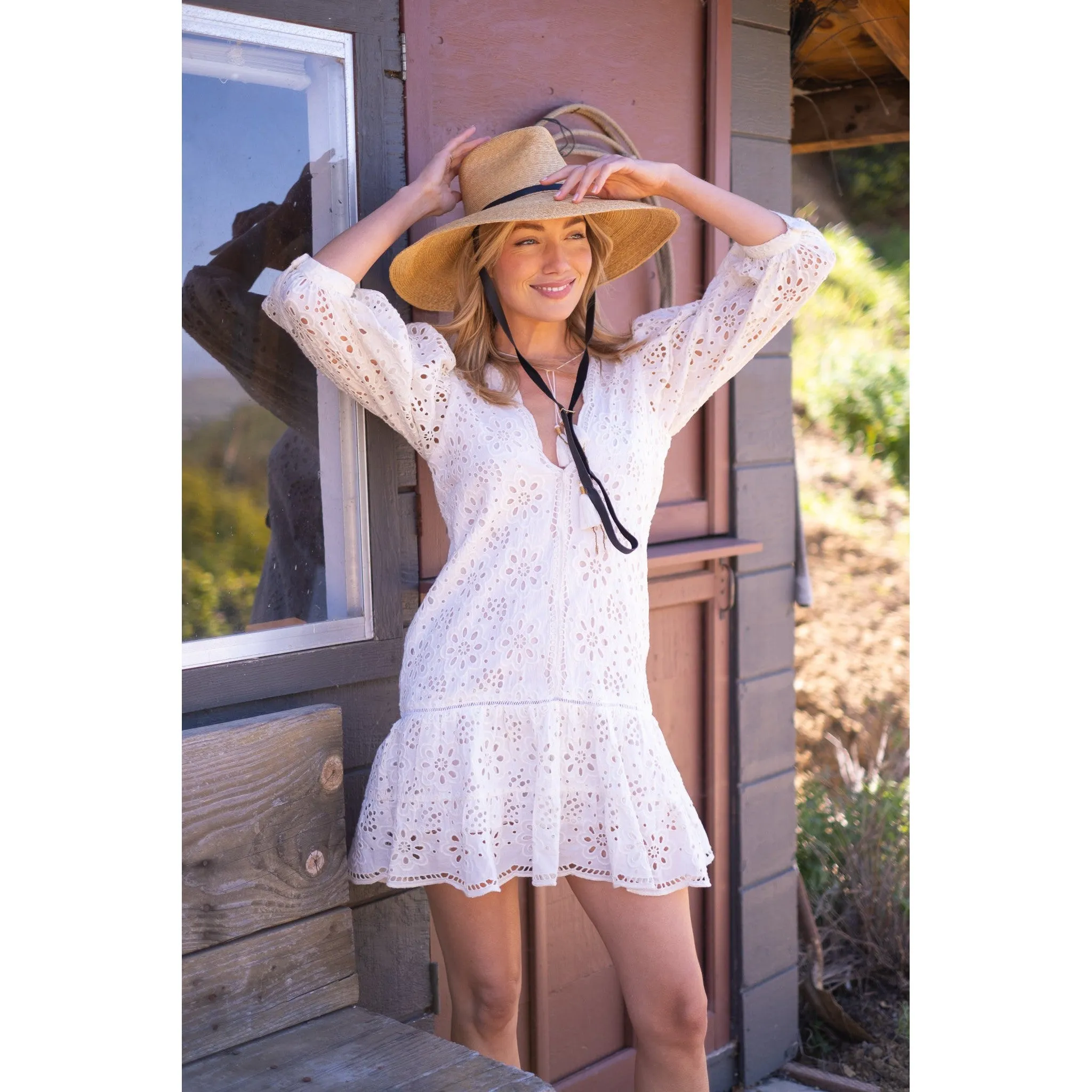 White Eyelet Popover Flounce Dress