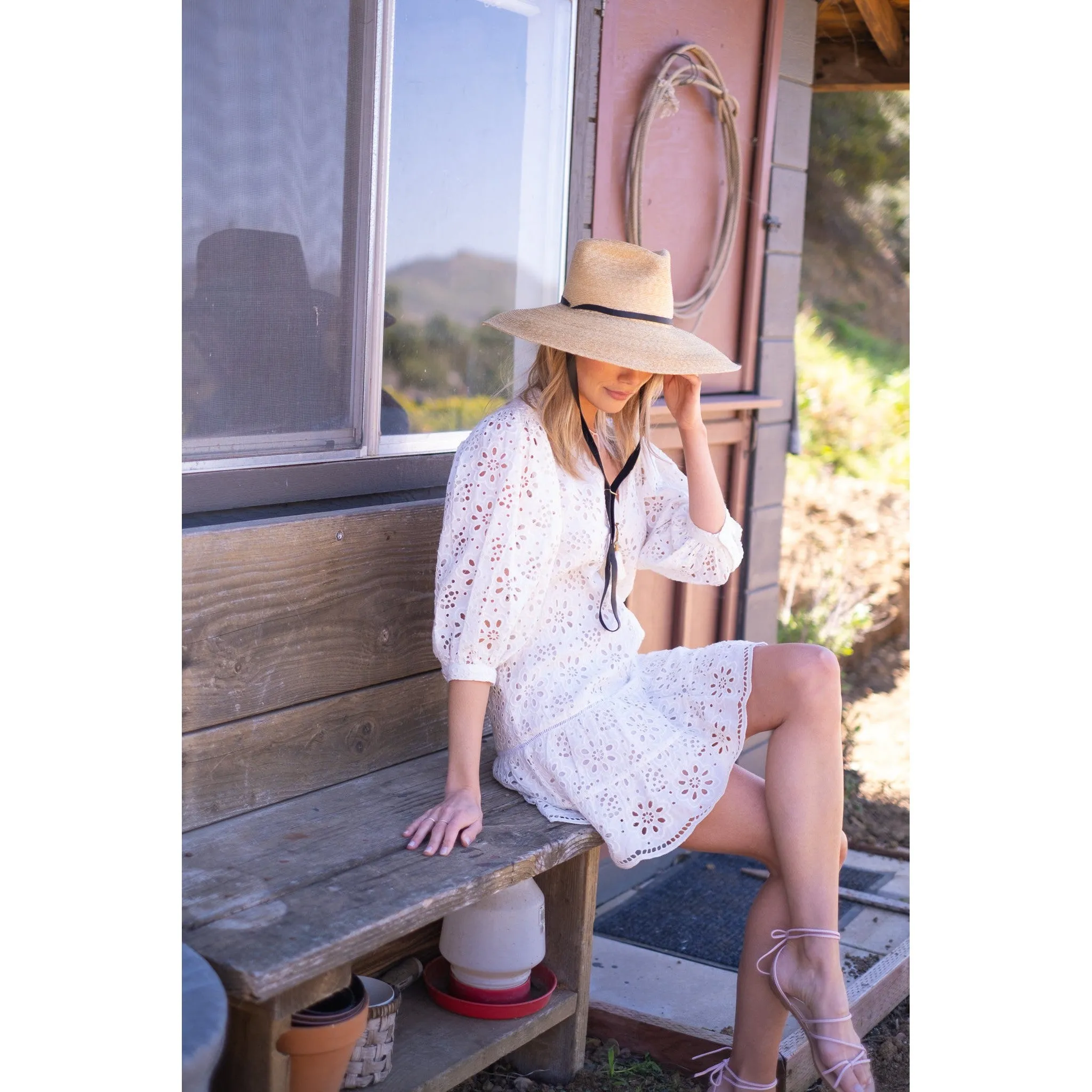 White Eyelet Popover Flounce Dress
