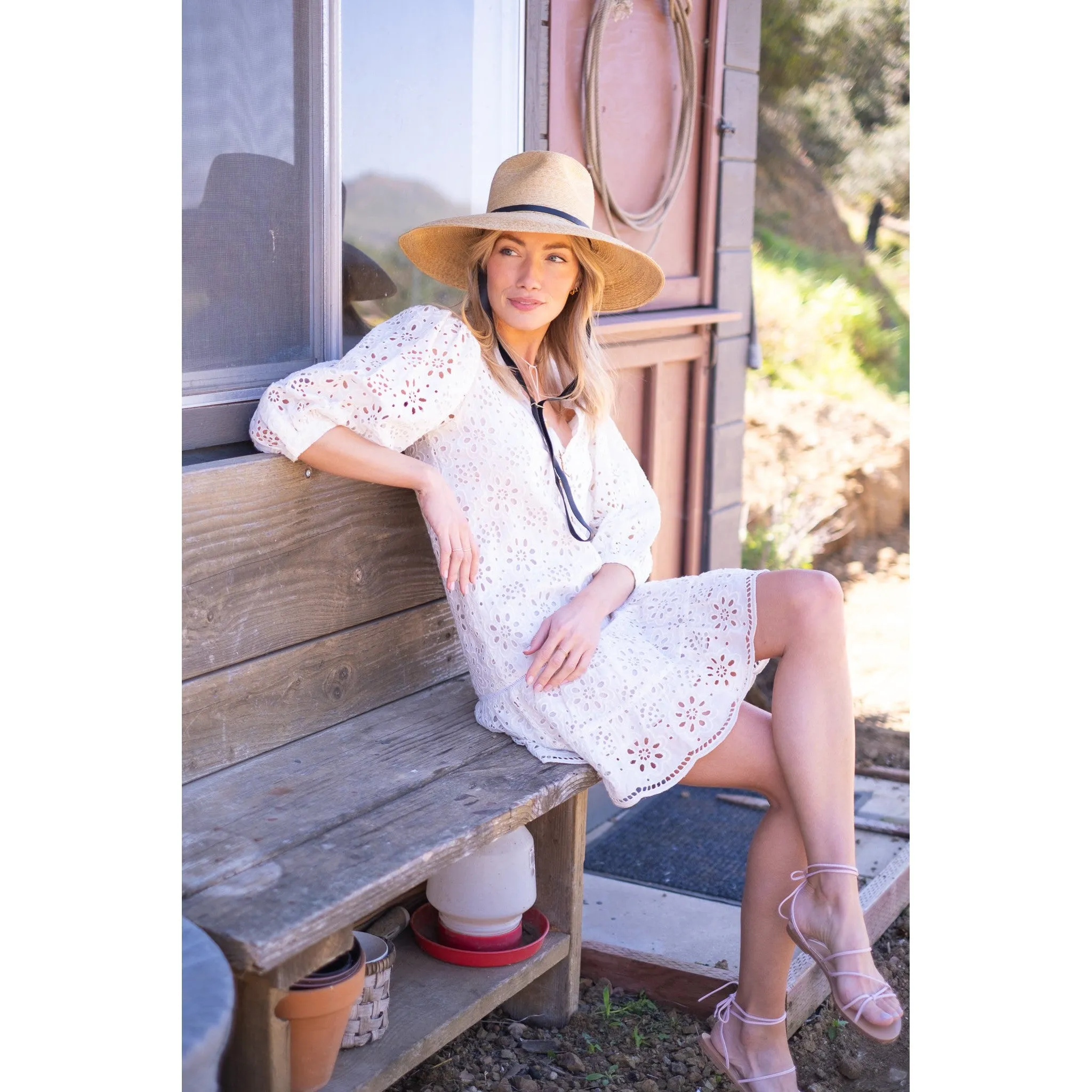 White Eyelet Popover Flounce Dress