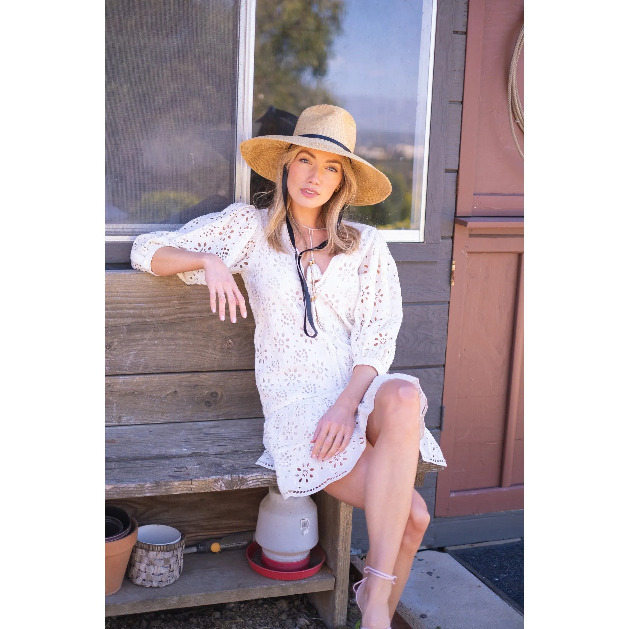 White Eyelet Popover Flounce Dress