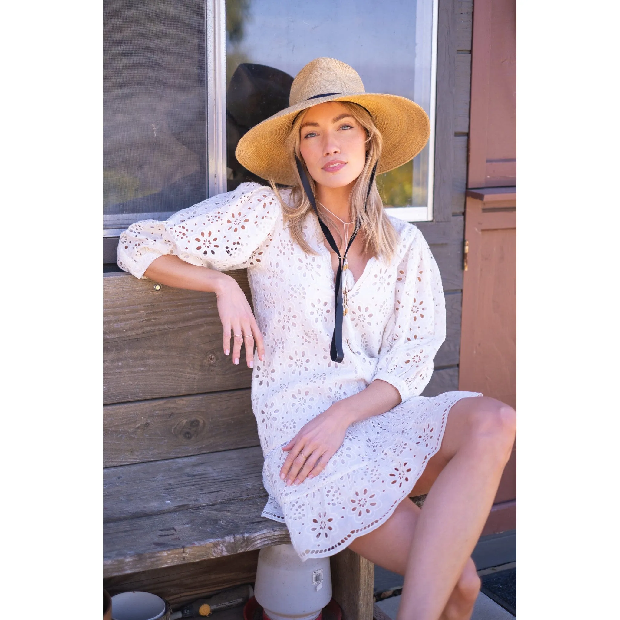 White Eyelet Popover Flounce Dress