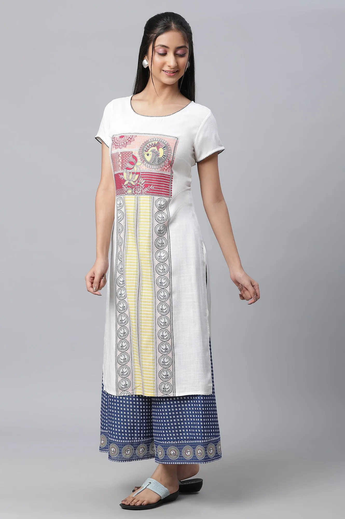 White Printed Kurta, Culottes & Dupatta Set
