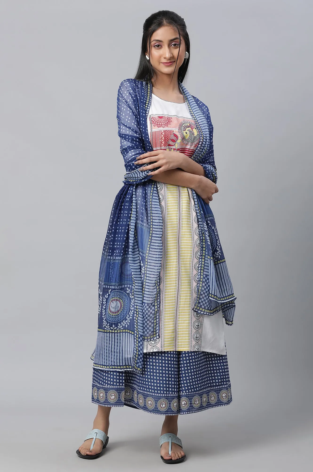 White Printed Kurta, Culottes & Dupatta Set