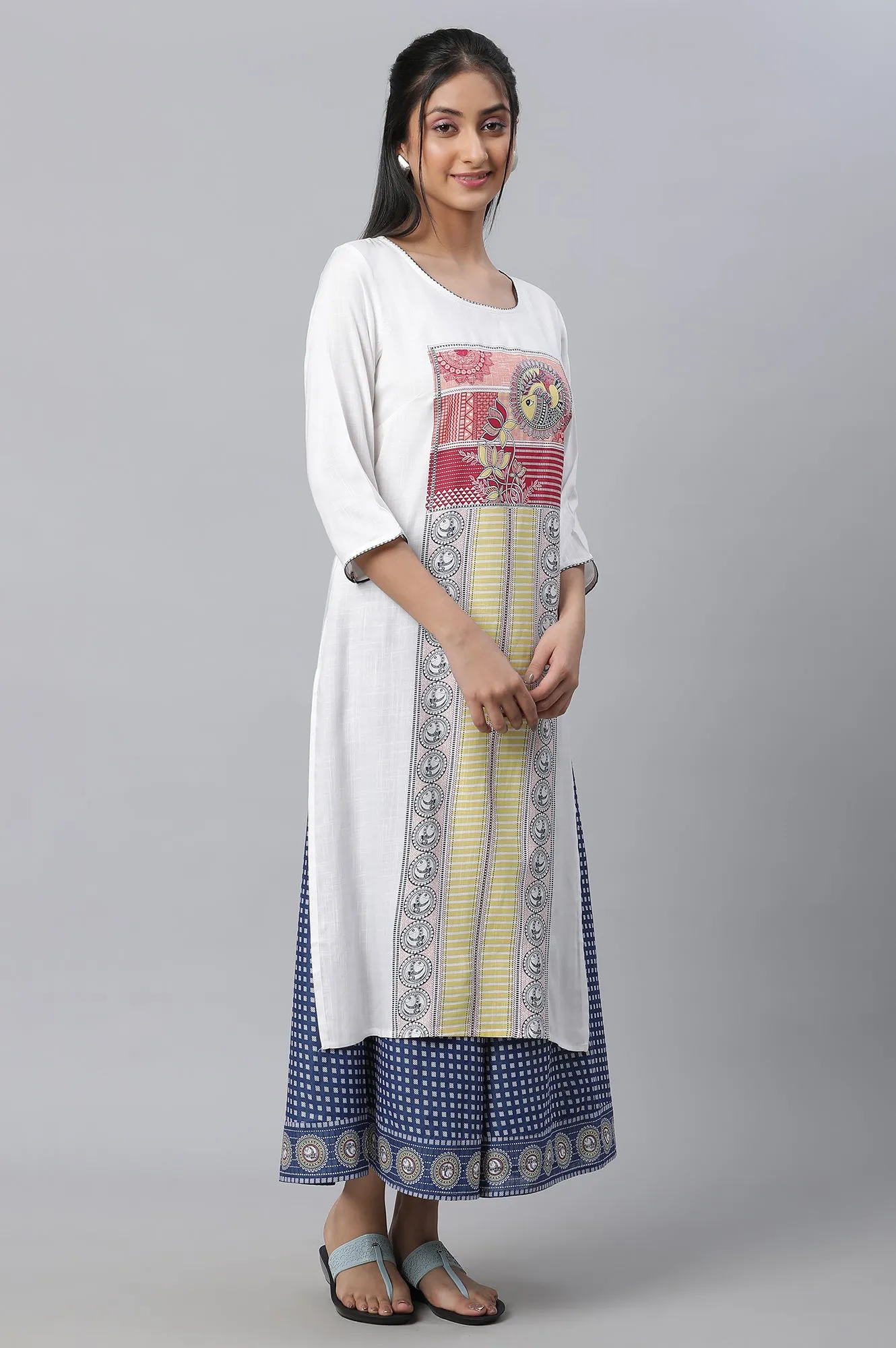 White Printed Kurta, Culottes & Dupatta Set