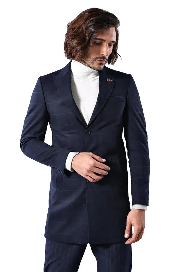 Wide Pointed Collar Navy Blue Plaid Coat - Wessi
