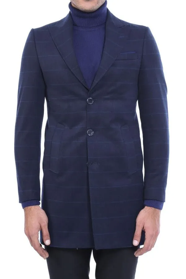 Wide Pointed Collar Navy Blue Plaid Coat - Wessi