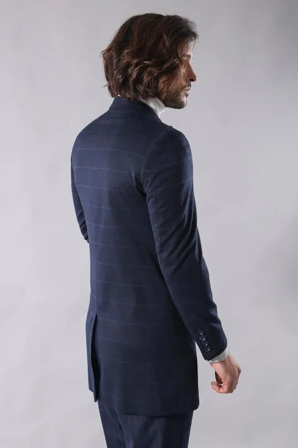 Wide Pointed Collar Navy Blue Plaid Coat - Wessi