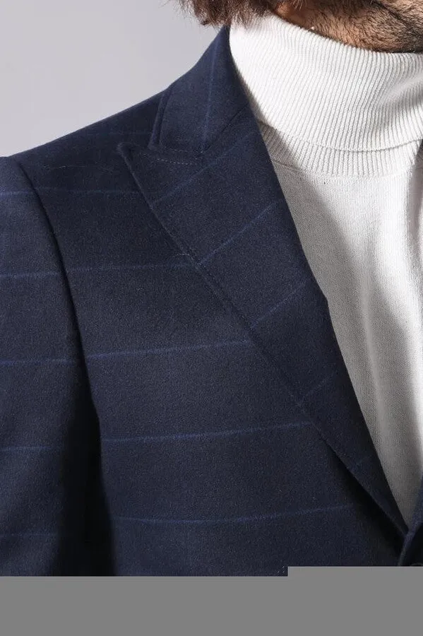 Wide Pointed Collar Navy Blue Plaid Coat - Wessi