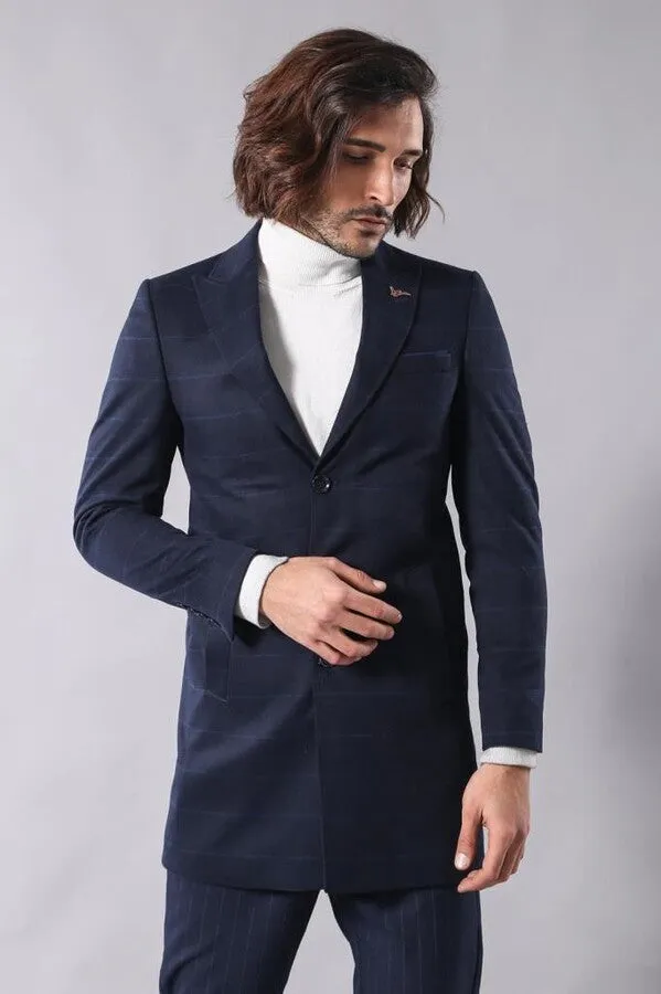 Wide Pointed Collar Navy Blue Plaid Coat - Wessi