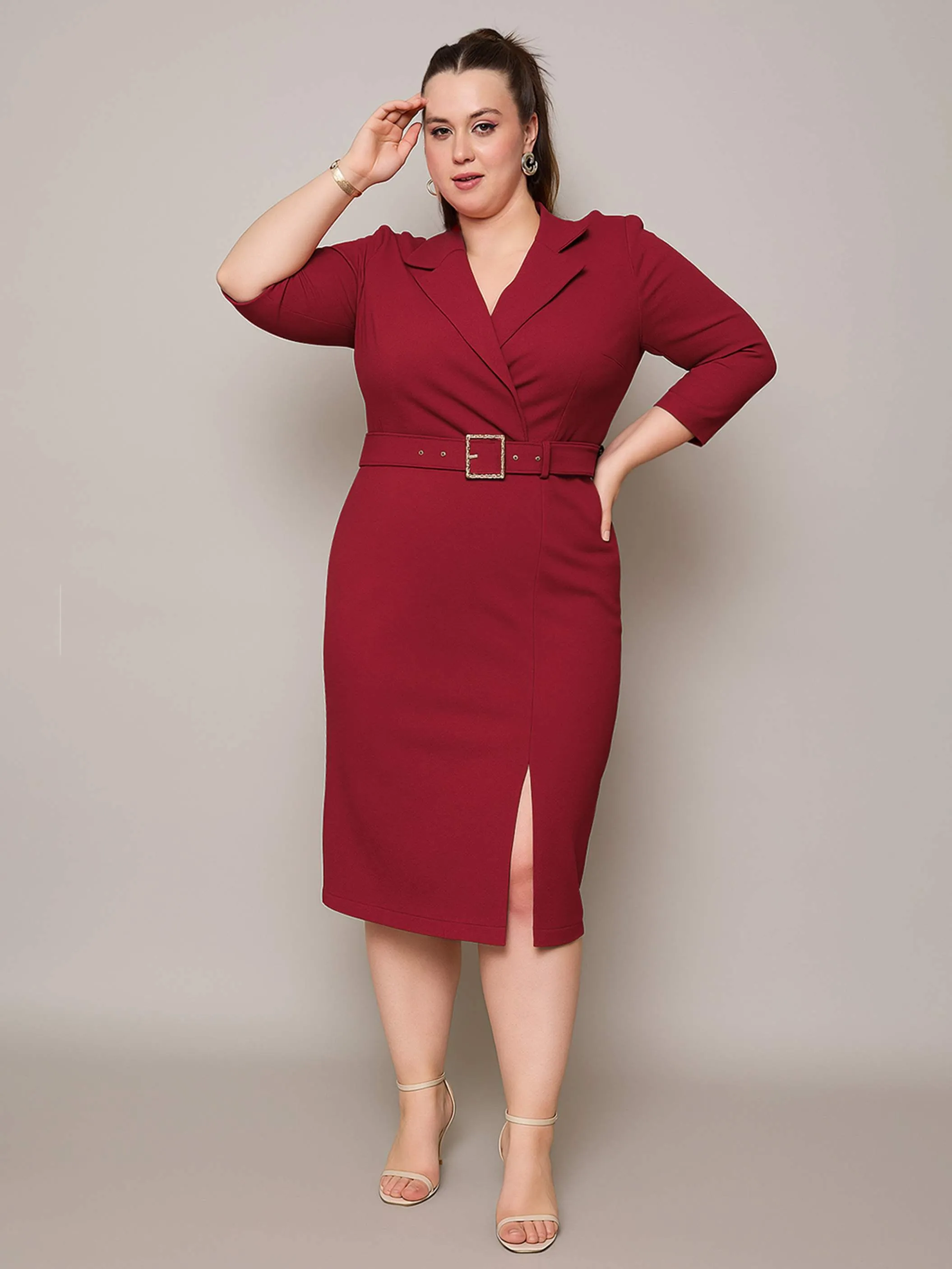 Women Maroon Notch Collar Belted Bodycon Dress