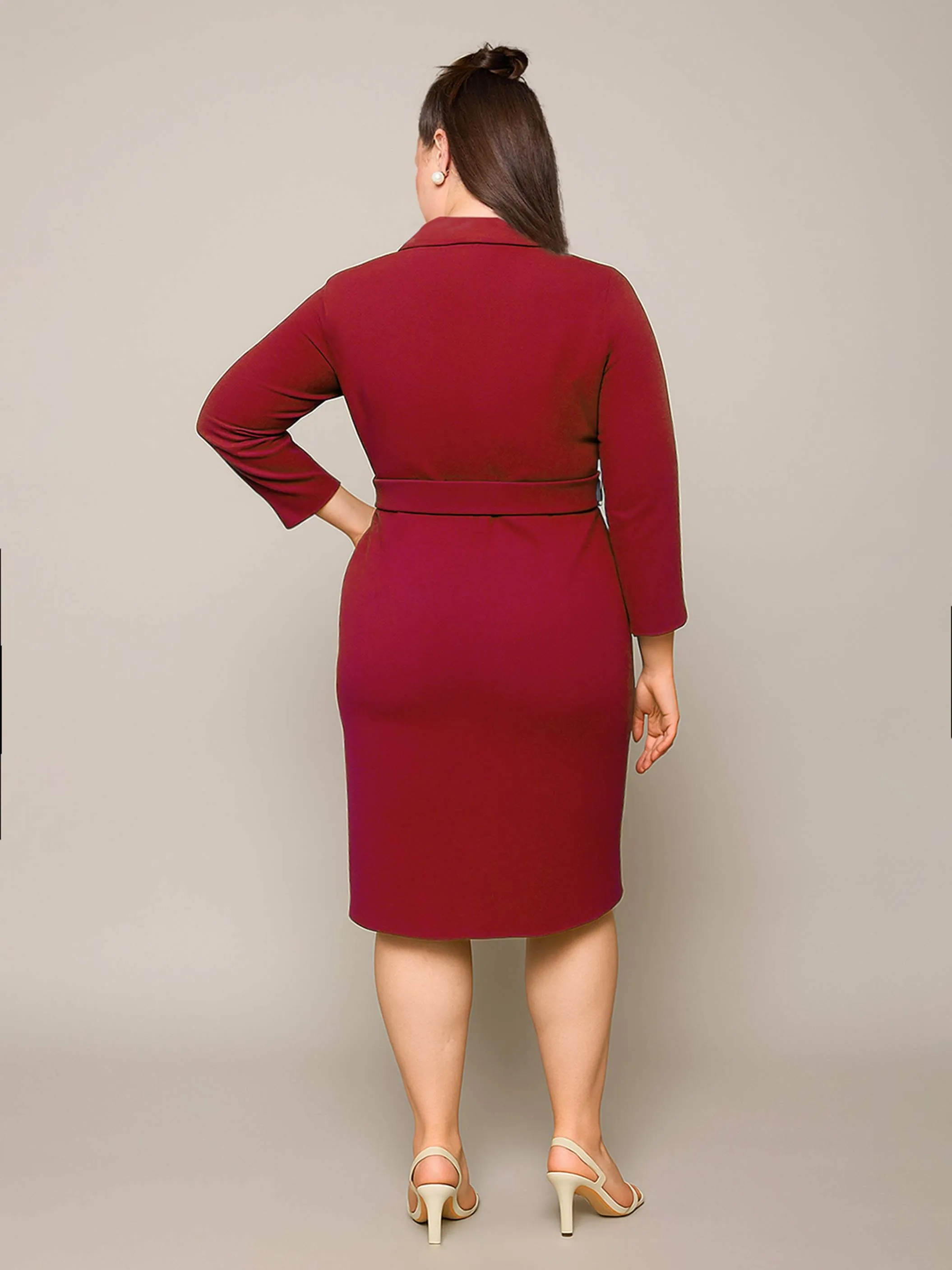Women Maroon Notch Collar Belted Bodycon Dress
