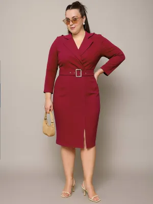 Women Maroon Notch Collar Belted Bodycon Dress