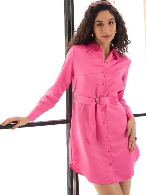 Women Pink Belted Satin Shirt Dress-SFDRSS12428