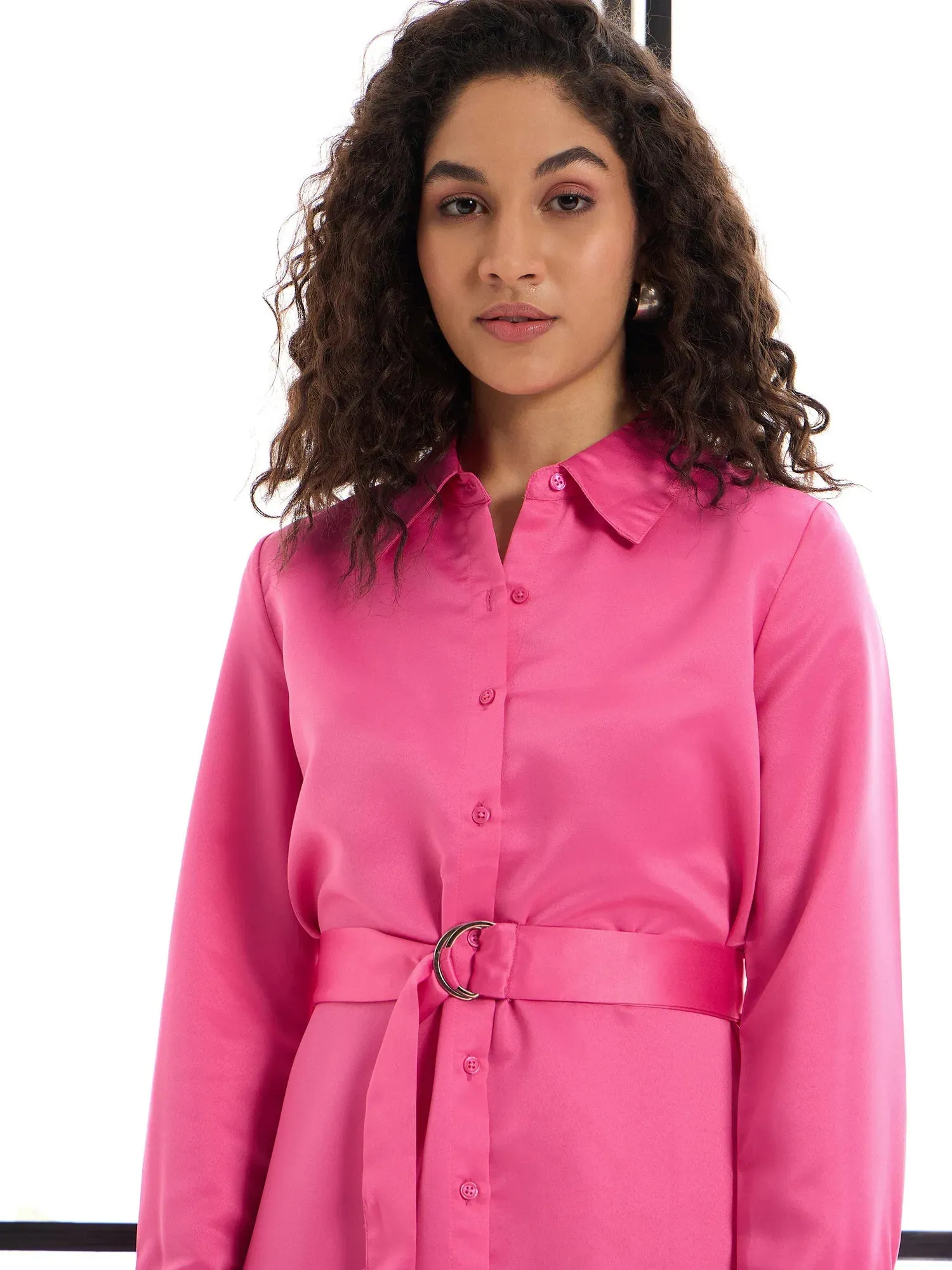 Women Pink Belted Satin Shirt Dress-SFDRSS12428