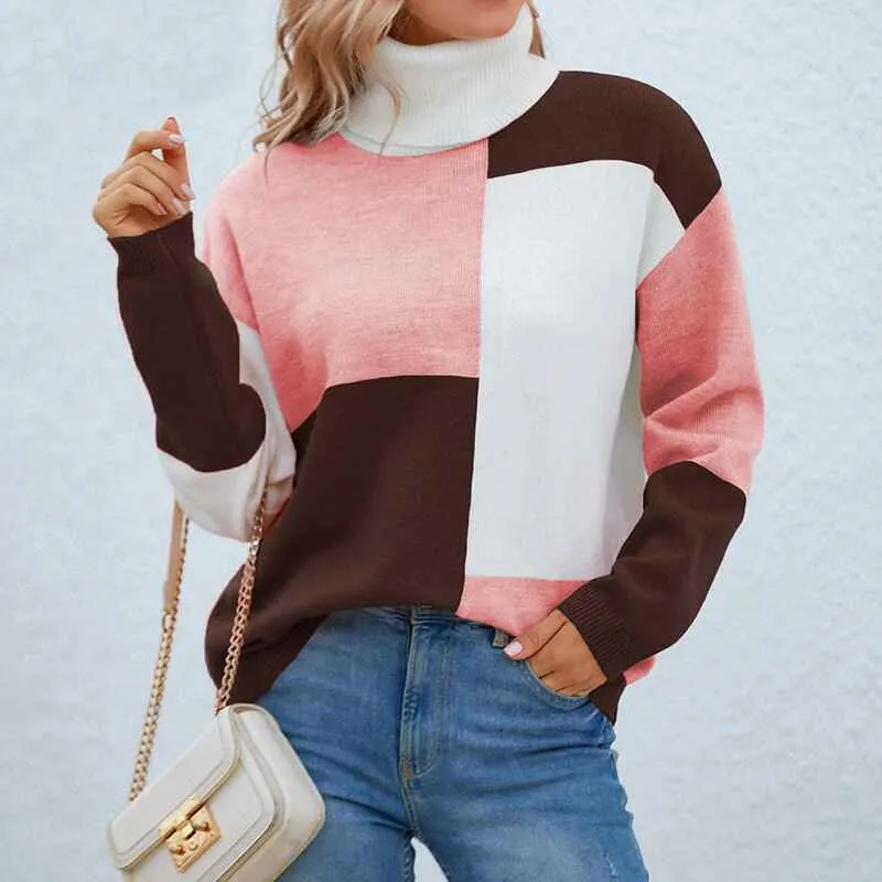 Women Pullover Sweater Turtleneck Plaid Long Sleeve Loose Casual Chunky Checked Knitted Winter Sweaters Jumper Tops K496