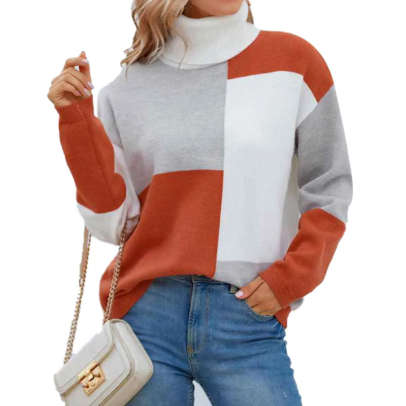 Women Pullover Sweater Turtleneck Plaid Long Sleeve Loose Casual Chunky Checked Knitted Winter Sweaters Jumper Tops K496