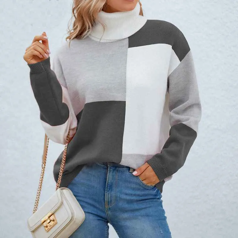 Women Pullover Sweater Turtleneck Plaid Long Sleeve Loose Casual Chunky Checked Knitted Winter Sweaters Jumper Tops K496