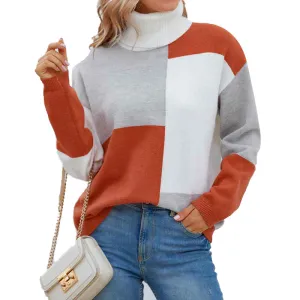 Women Pullover Sweater Turtleneck Plaid Long Sleeve Loose Casual Chunky Checked Knitted Winter Sweaters Jumper Tops K496