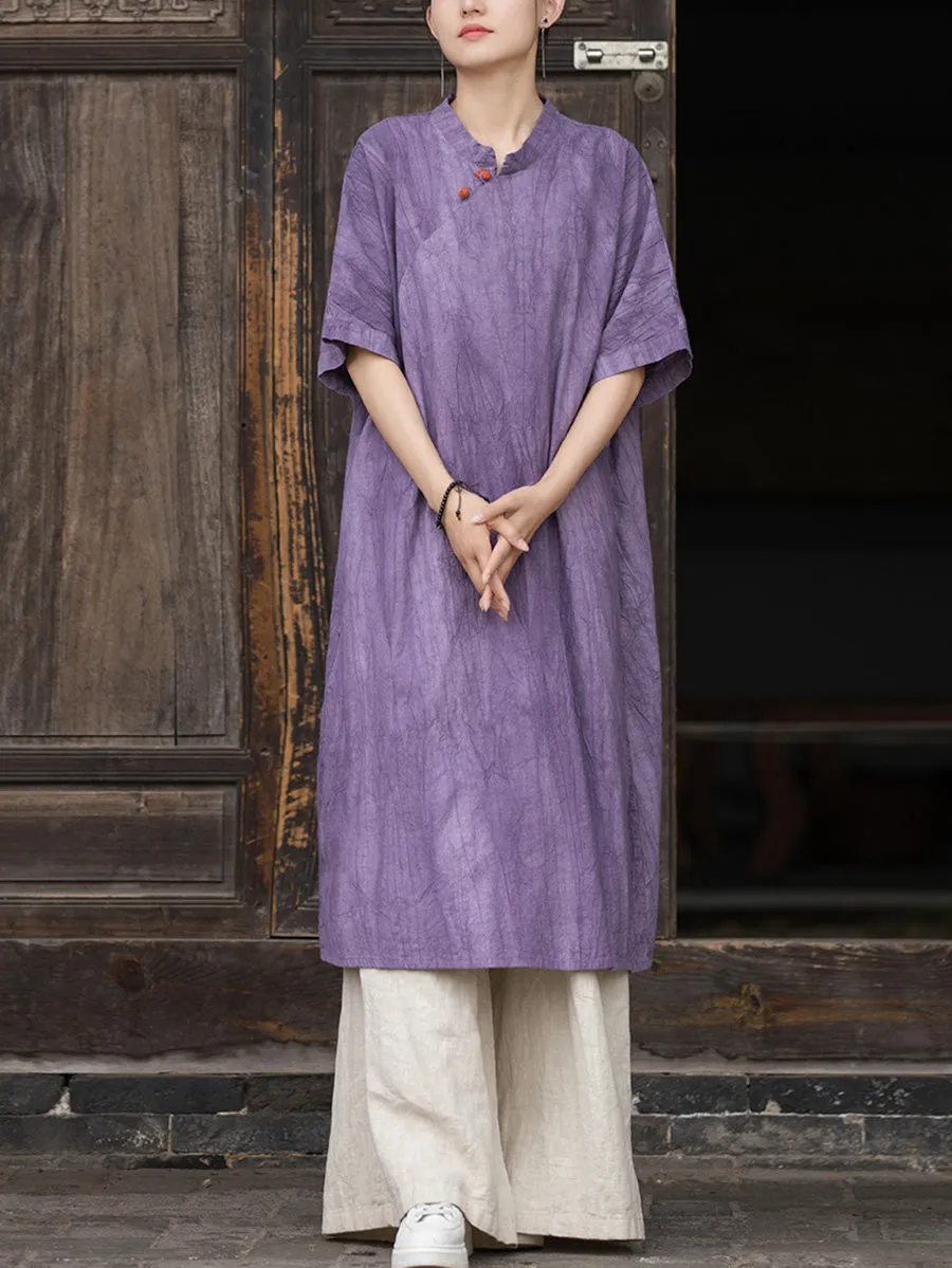 Women Summer Artsy Tie-dye Stand Collar Ramie Dress