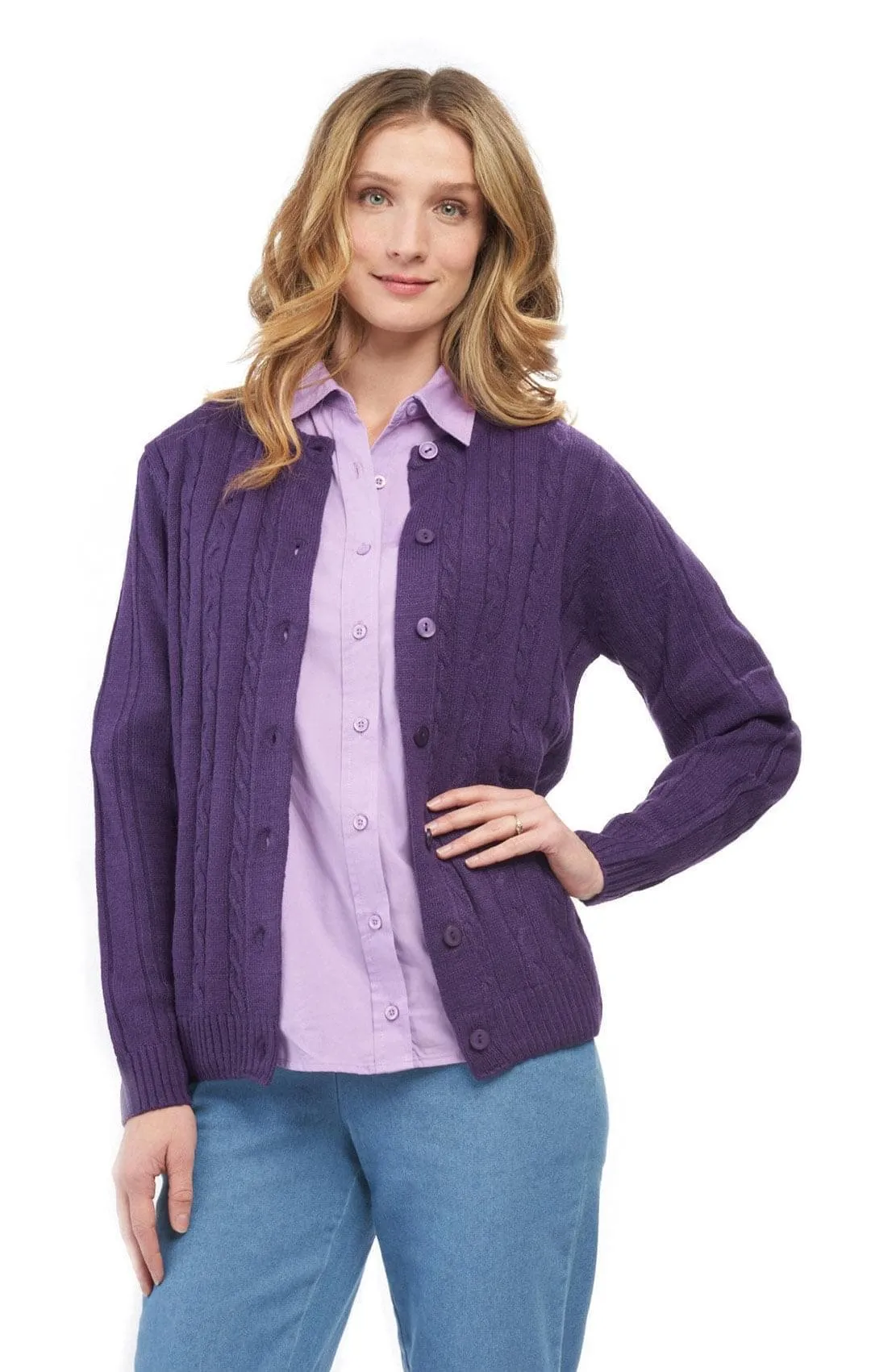 Women's Button Front Cable Cardigan - Button Up Sweater in Soft, Lightweight Acrylic