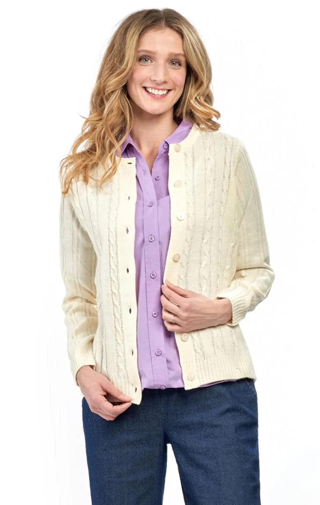 Women's Button Front Cable Cardigan - Button Up Sweater in Soft, Lightweight Acrylic