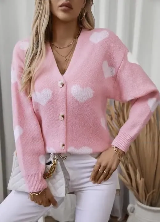 Women's Button Front Cardigan Featuring Sweet Heart Embroidery