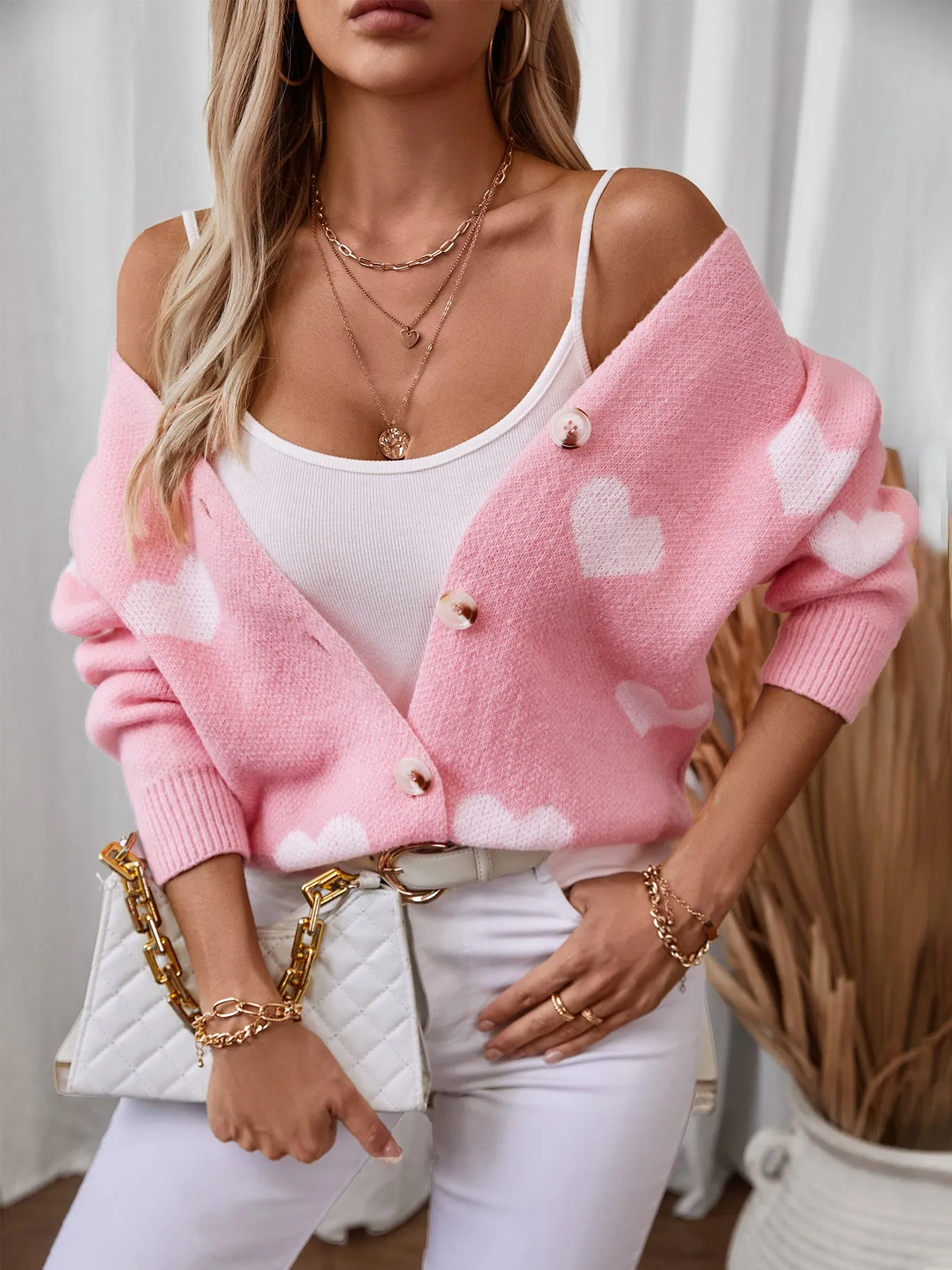 Women's Button Front Cardigan Featuring Sweet Heart Embroidery