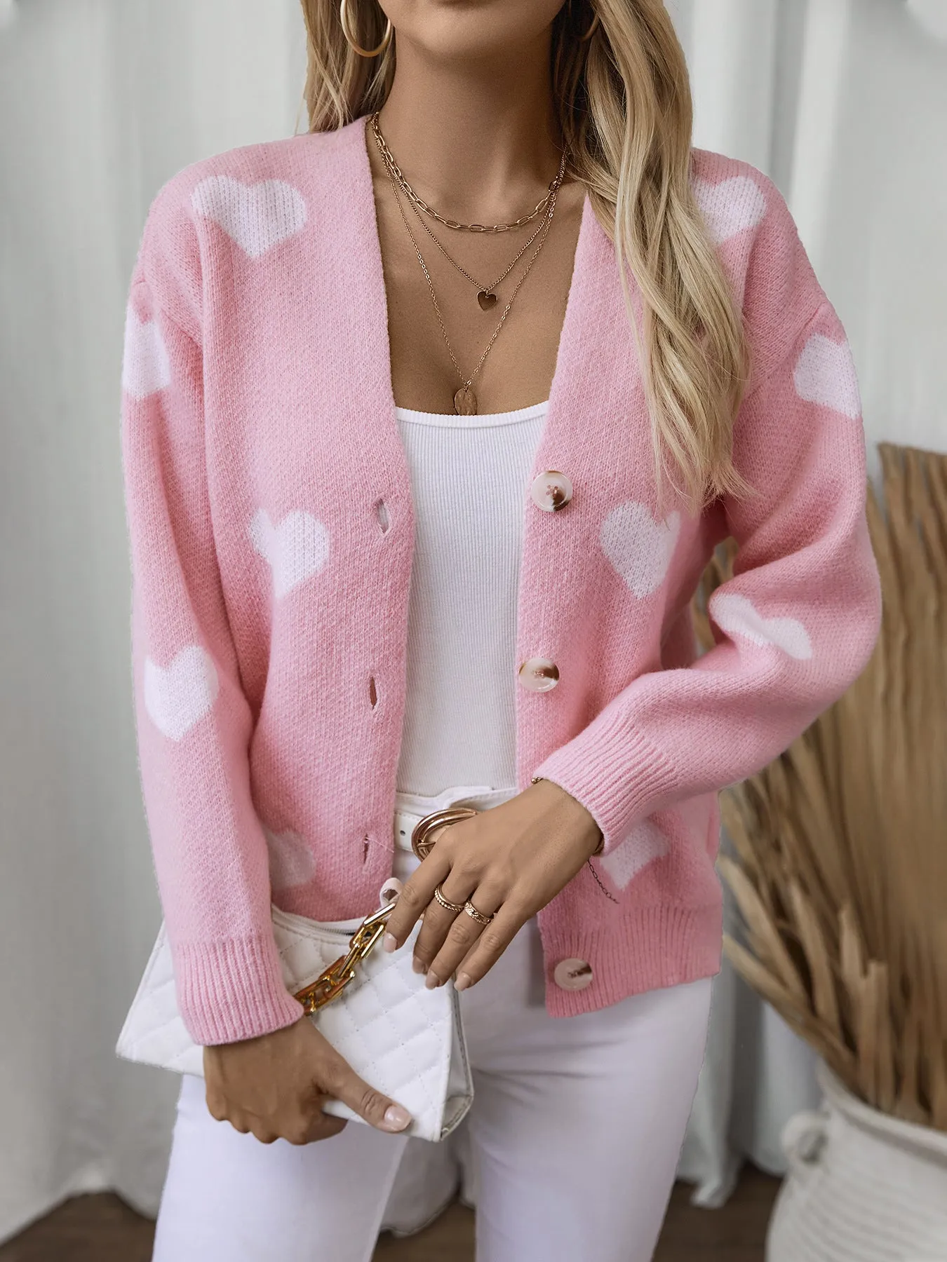 Women's Button Front Cardigan Featuring Sweet Heart Embroidery