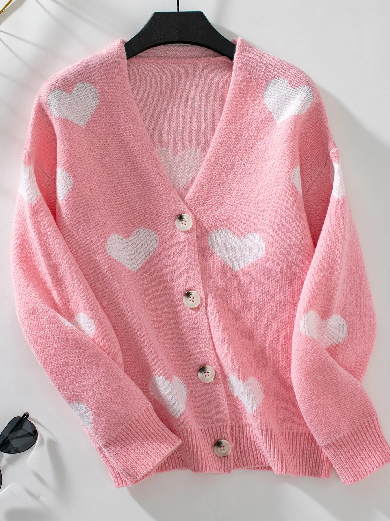 Women's Button Front Cardigan Featuring Sweet Heart Embroidery