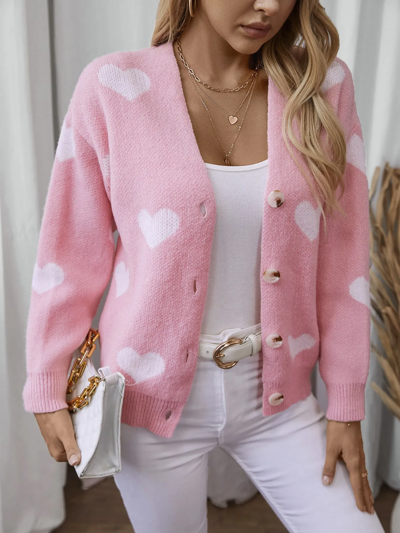 Women's Button Front Cardigan Featuring Sweet Heart Embroidery