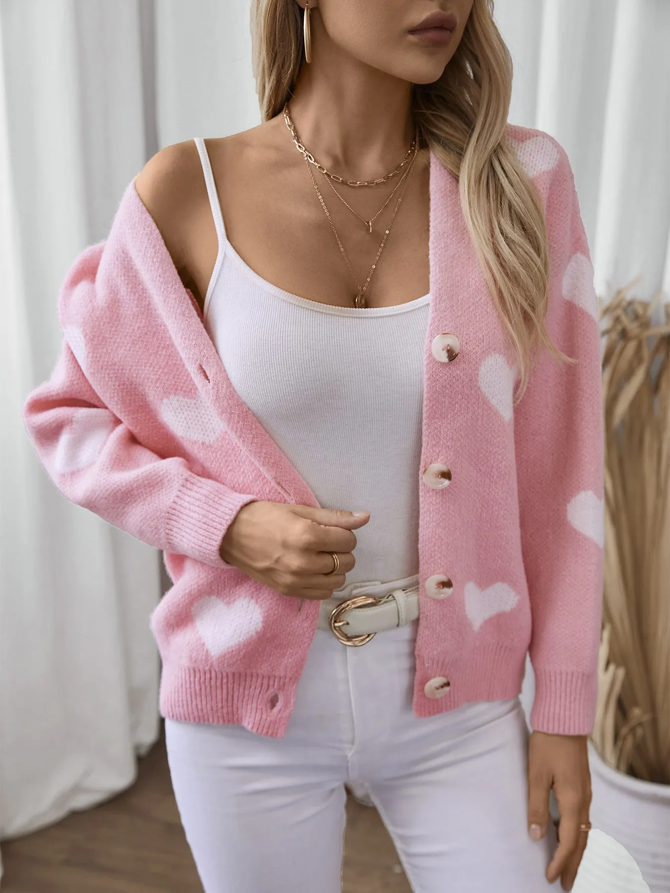 Women's Button Front Cardigan Featuring Sweet Heart Embroidery