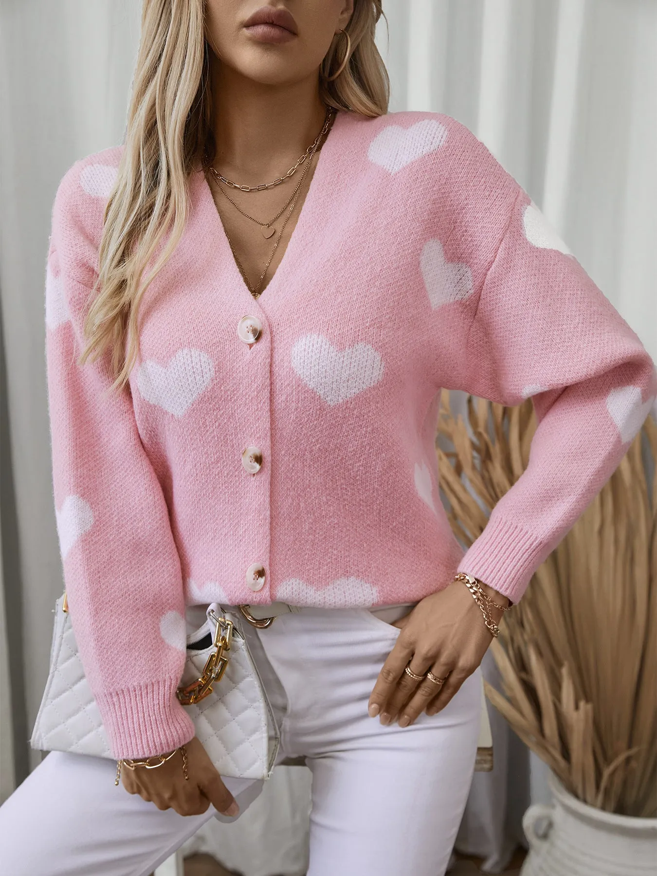 Women's Button Front Cardigan Featuring Sweet Heart Embroidery