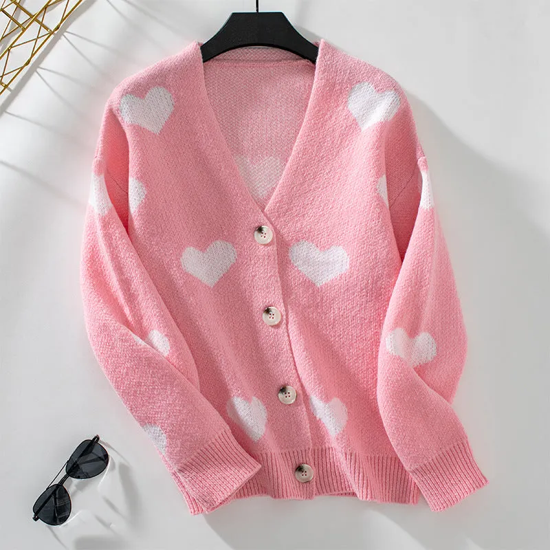 Women's Button Front Cardigan Featuring Sweet Heart Embroidery