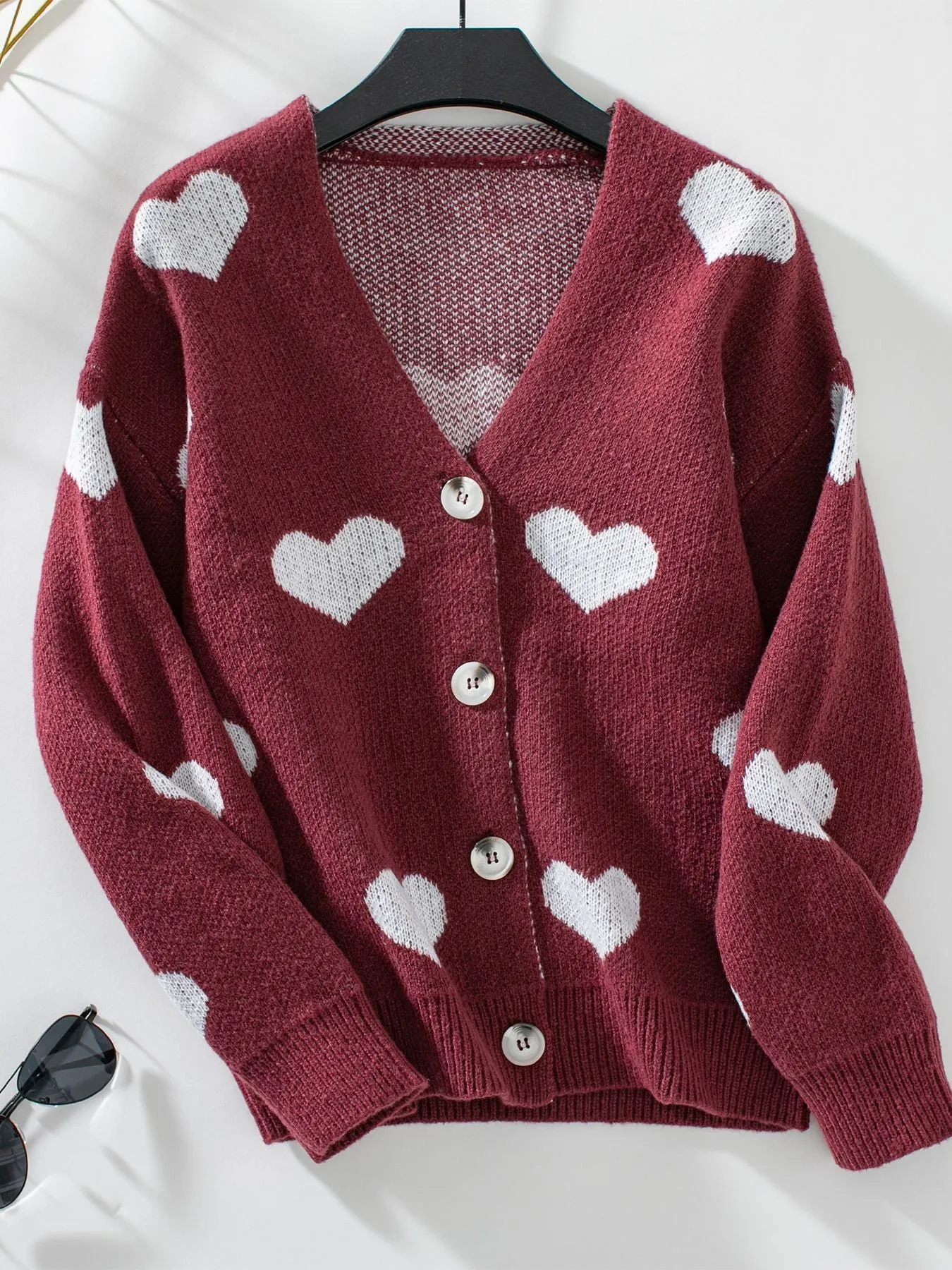Women's Button Front Cardigan Featuring Sweet Heart Embroidery