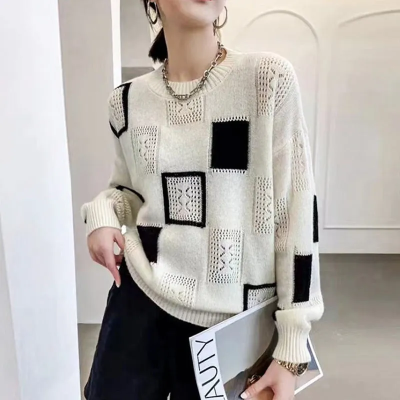 Women's Color Block Plaid Print Knitted Pullover Sweaters