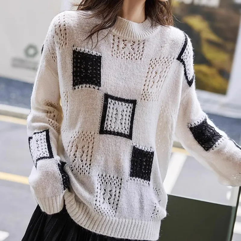 Women's Color Block Plaid Print Knitted Pullover Sweaters