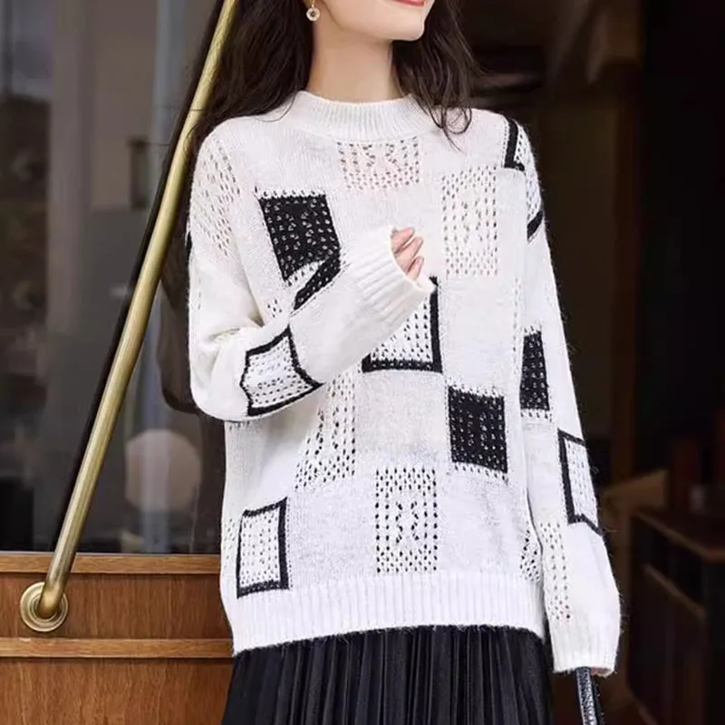 Women's Color Block Plaid Print Knitted Pullover Sweaters
