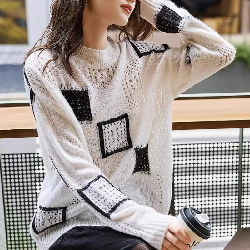 Women's Color Block Plaid Print Knitted Pullover Sweaters