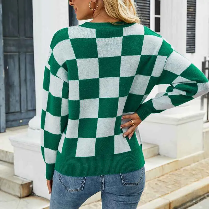 Women's Color Block Sweaters Casual Long Sleeve Plaid Print Crew Neck Knitted Pullover Jumpers Tops K464