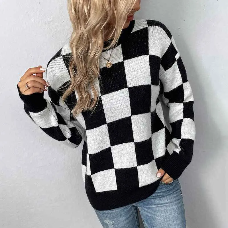 Women's Color Block Sweaters Casual Long Sleeve Plaid Print Crew Neck Knitted Pullover Jumpers Tops K464