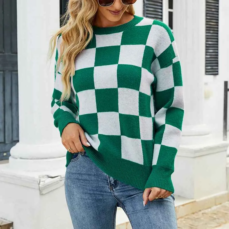 Women's Color Block Sweaters Casual Long Sleeve Plaid Print Crew Neck Knitted Pullover Jumpers Tops K464