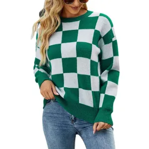 Women's Color Block Sweaters Casual Long Sleeve Plaid Print Crew Neck Knitted Pullover Jumpers Tops K464