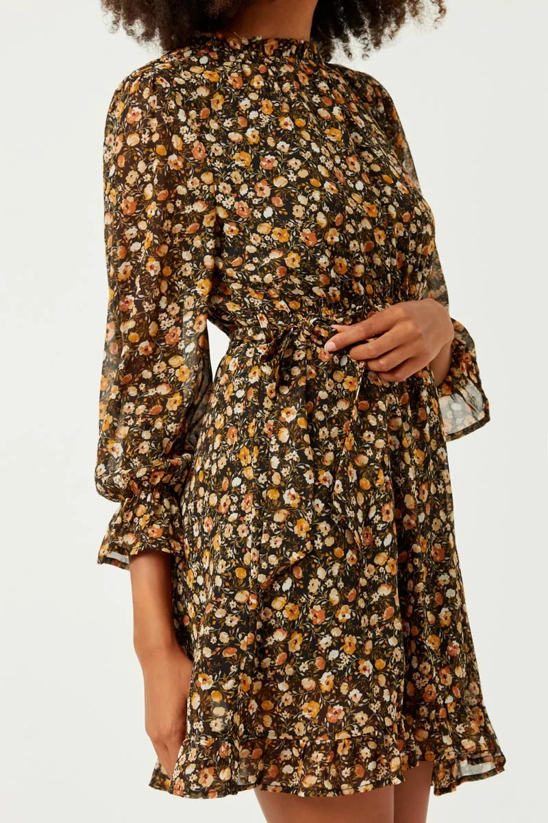 Womens Floral Print Ruffle Neck Dress with Belt