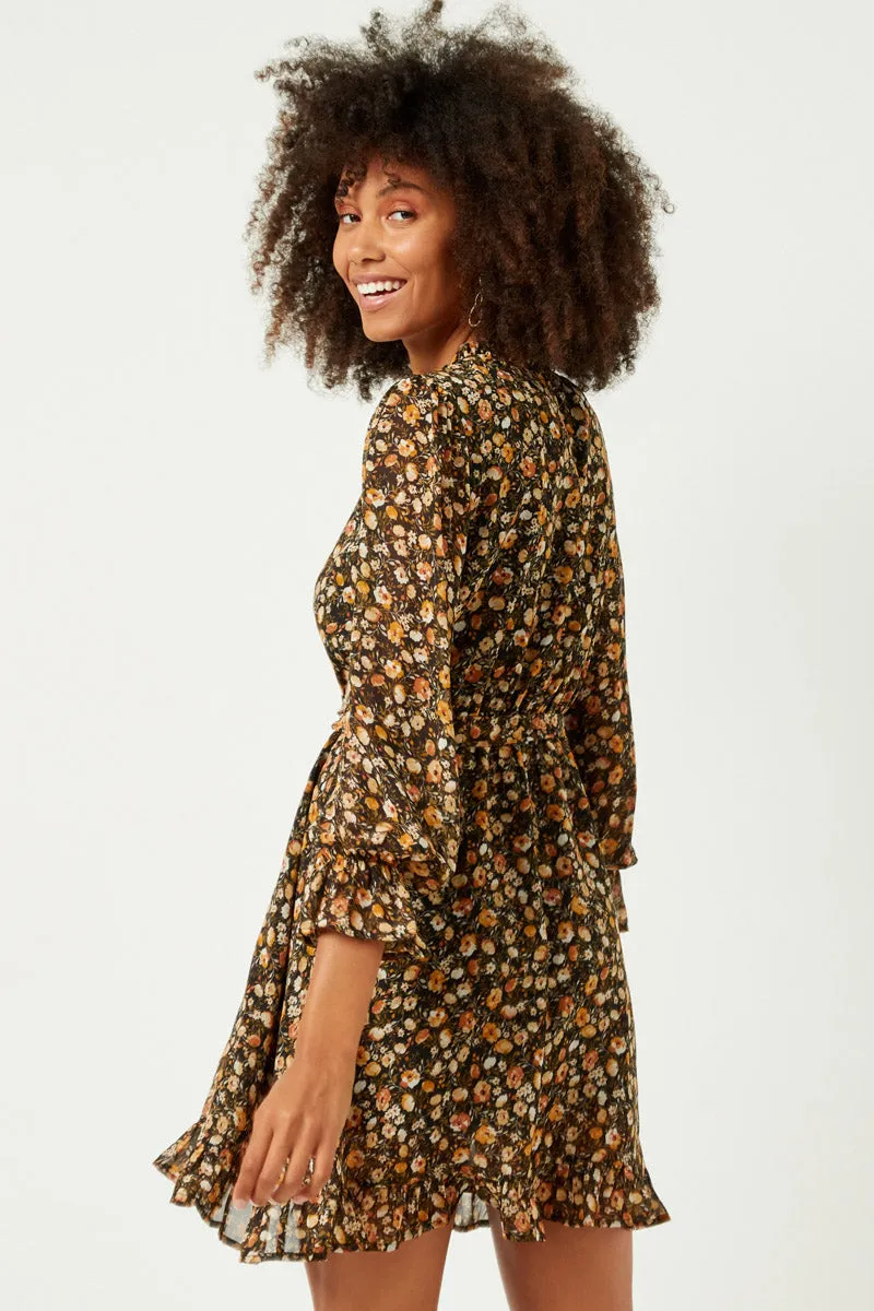 Womens Floral Print Ruffle Neck Dress with Belt